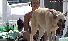 Amatorska dziewczyna z małymi cyckami bawi się z psem na plaży