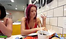 Tattooed angel Duda pimentinha and other new girls get ready for sex in a McDonald's store